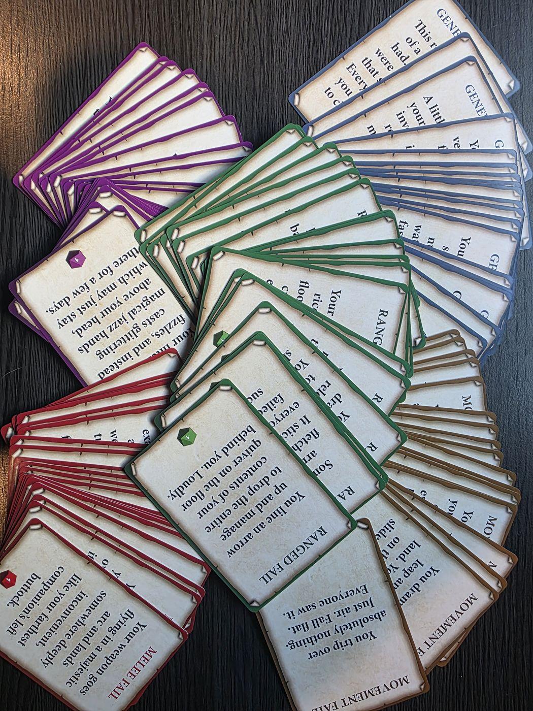 All five decks fanned out on a table, each with its own border color: purple, red, green, blue and brown