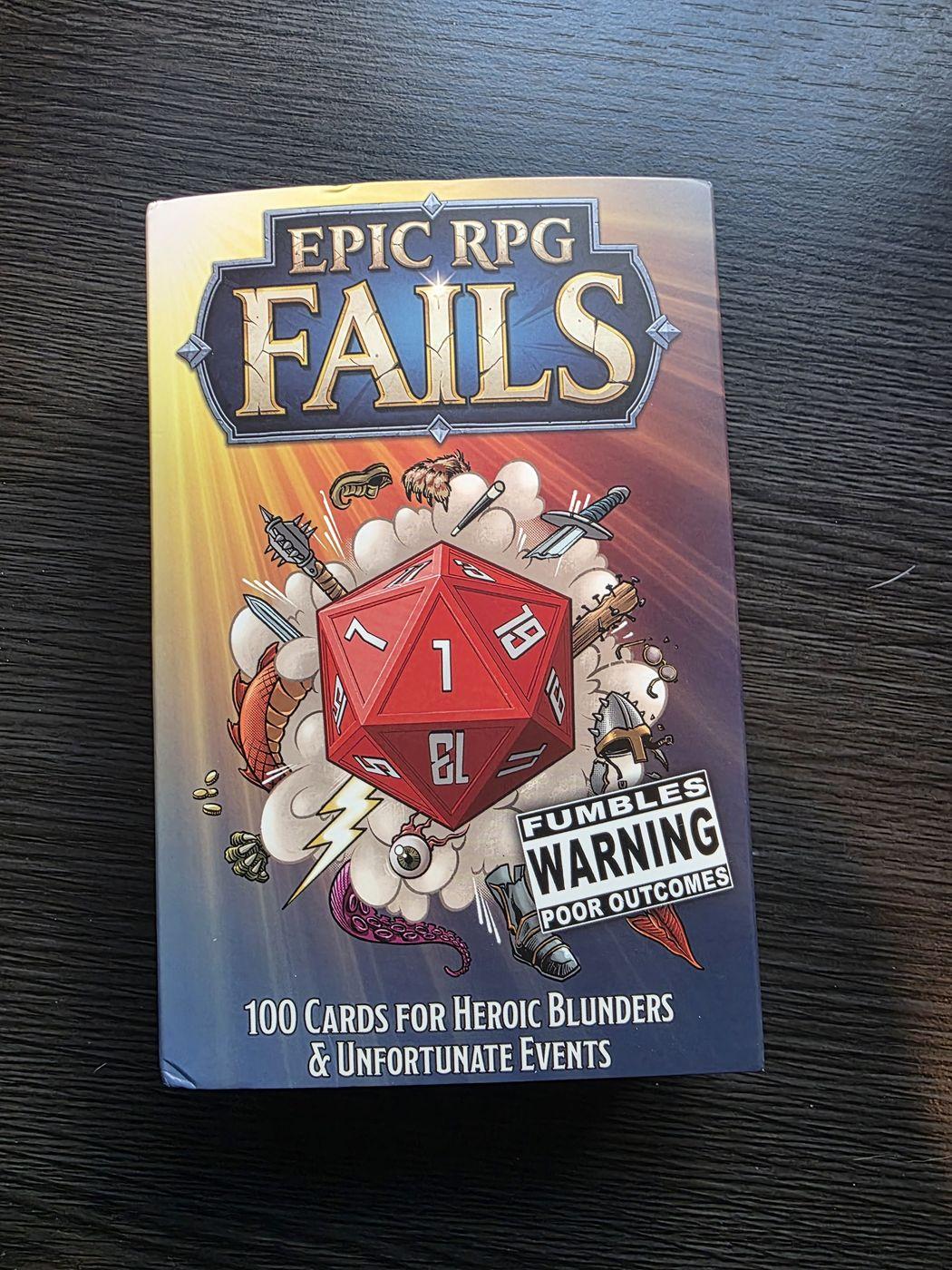 The Epic RPG Fails box: a red d20 showing a 1 in a cloud of weapons, with the line 100 cards for heroic blunders and unfortunate events