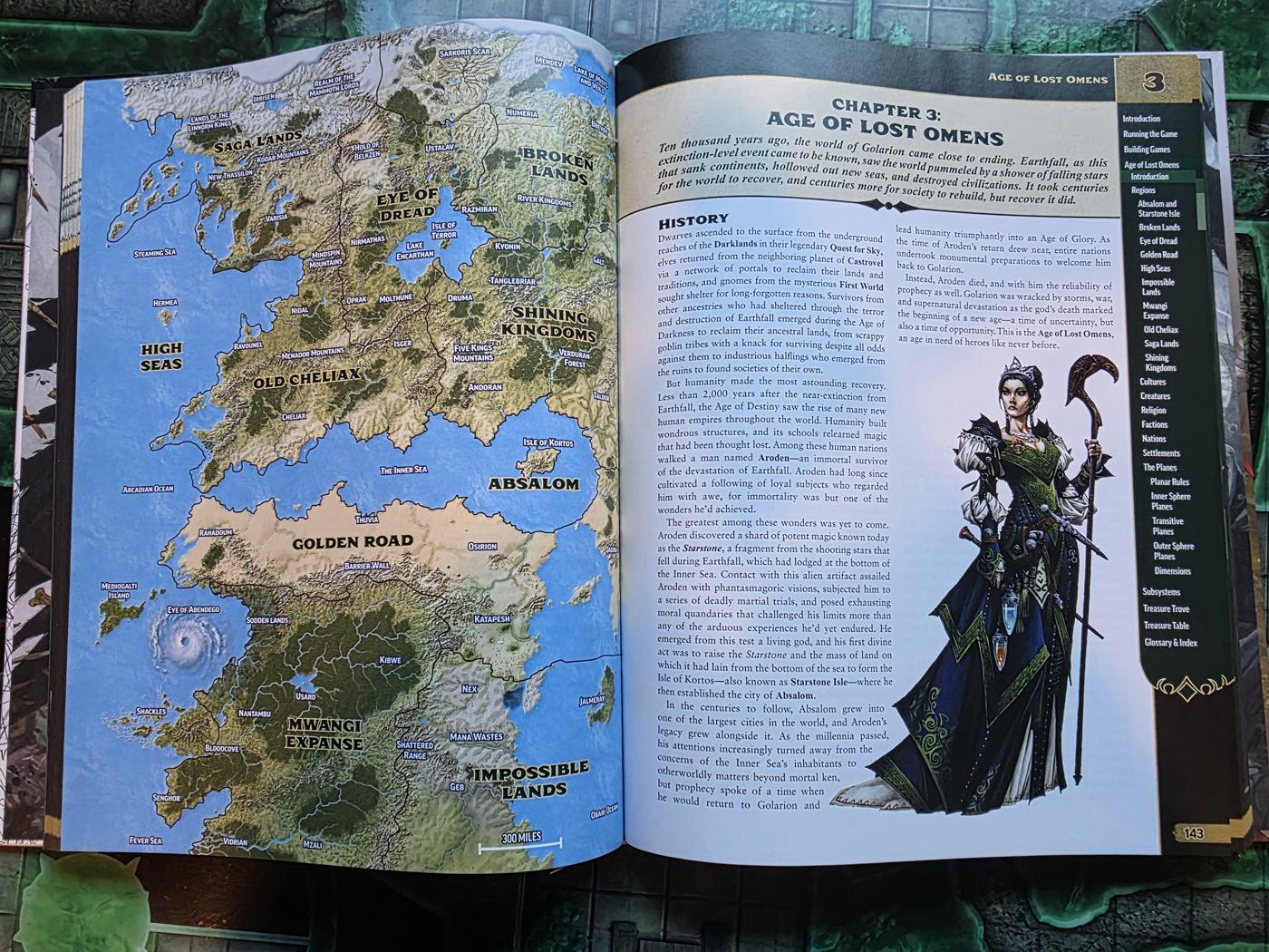 A map of Golarion's Inner Sea, including Varisia and Ustalav, beside the Age of Lost Omens chapter