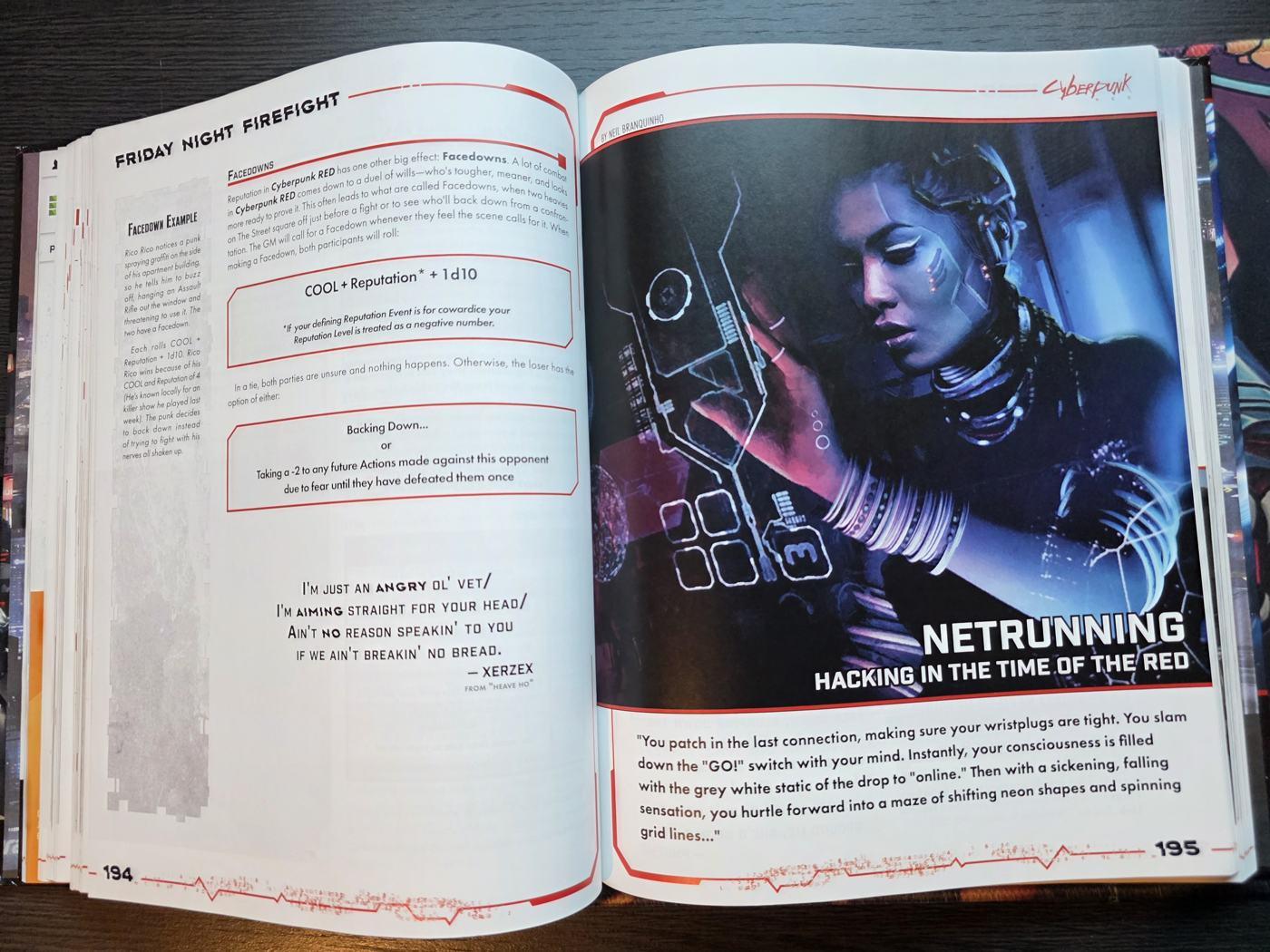 A spread with Facedown rules on one page and the Netrunning chapter opener on the other