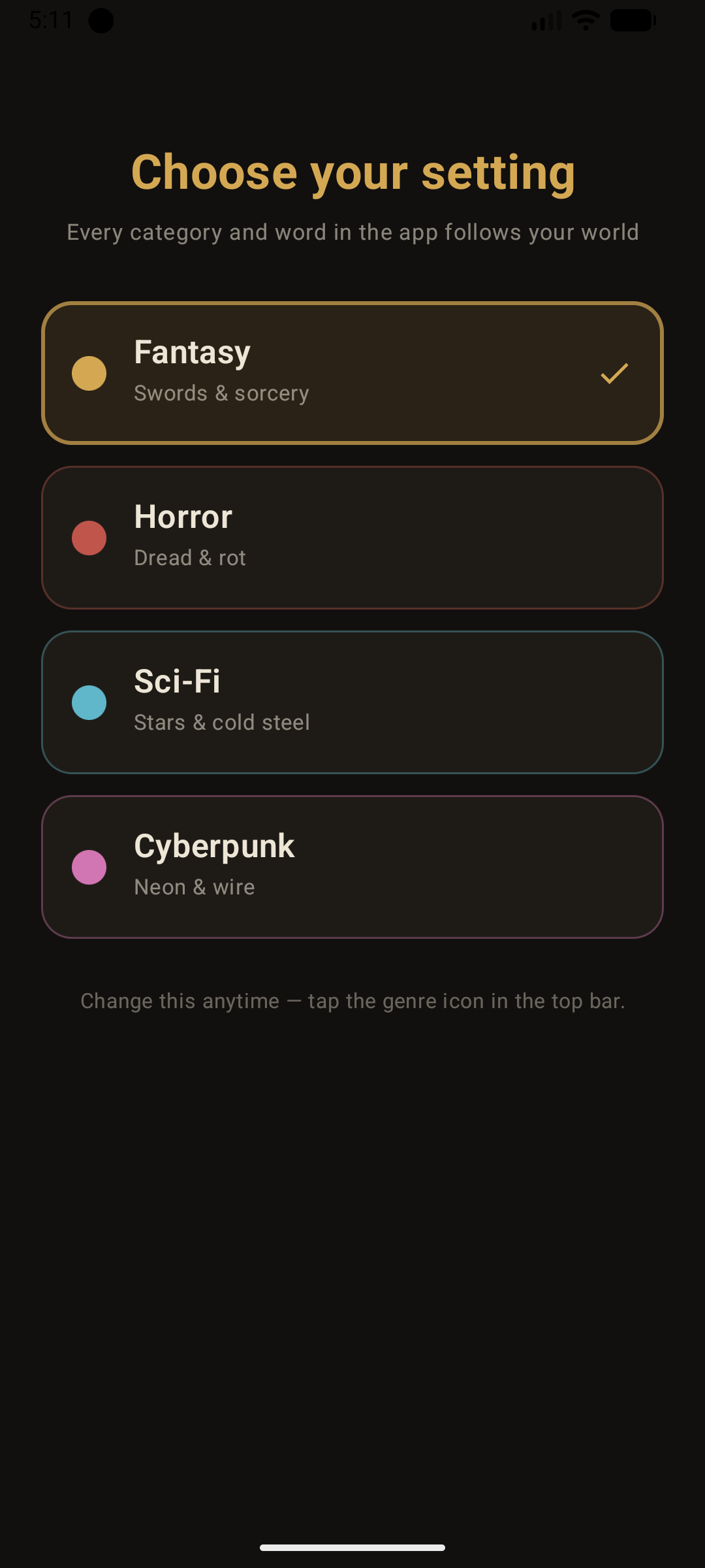 Choosing a setting: Fantasy, Horror, Sci-Fi, or Cyberpunk