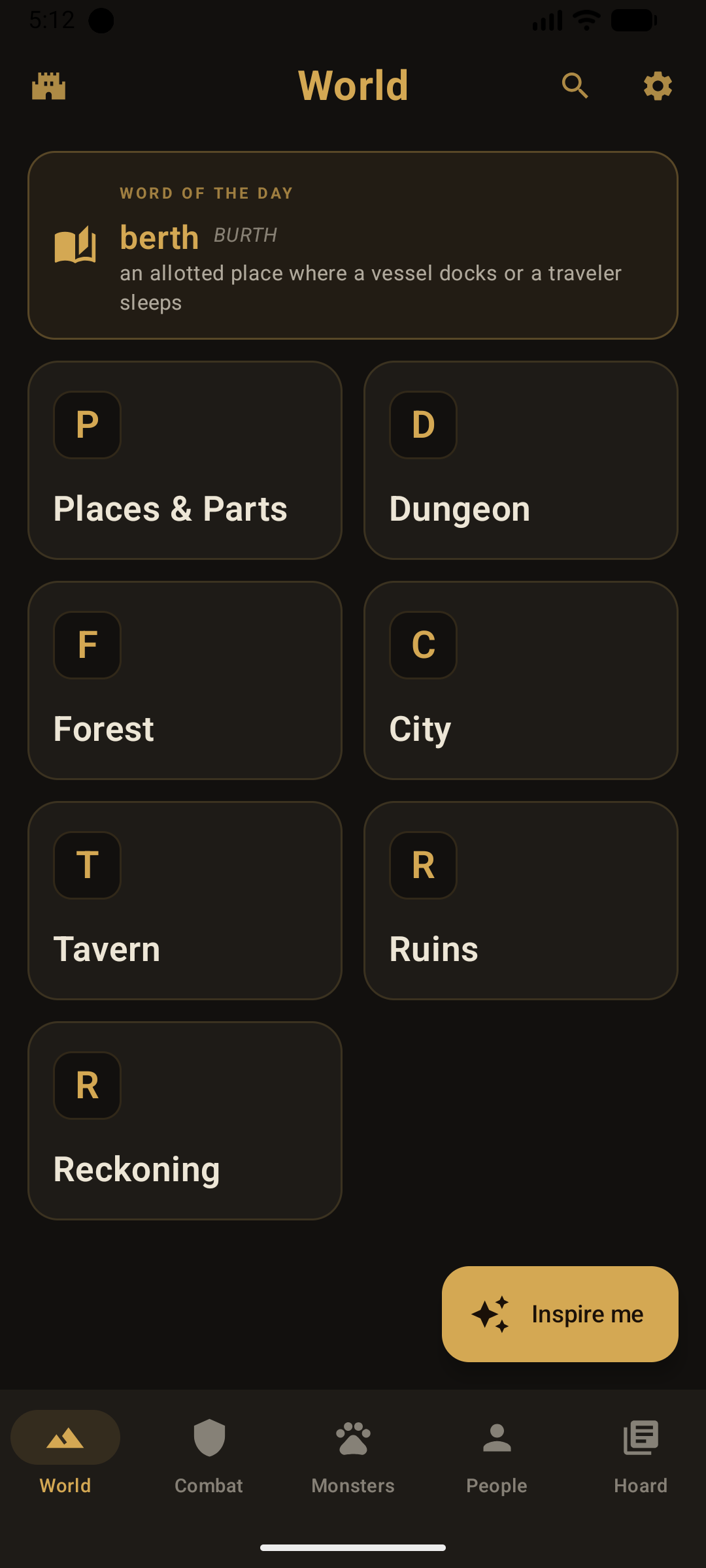 The World tab's categories