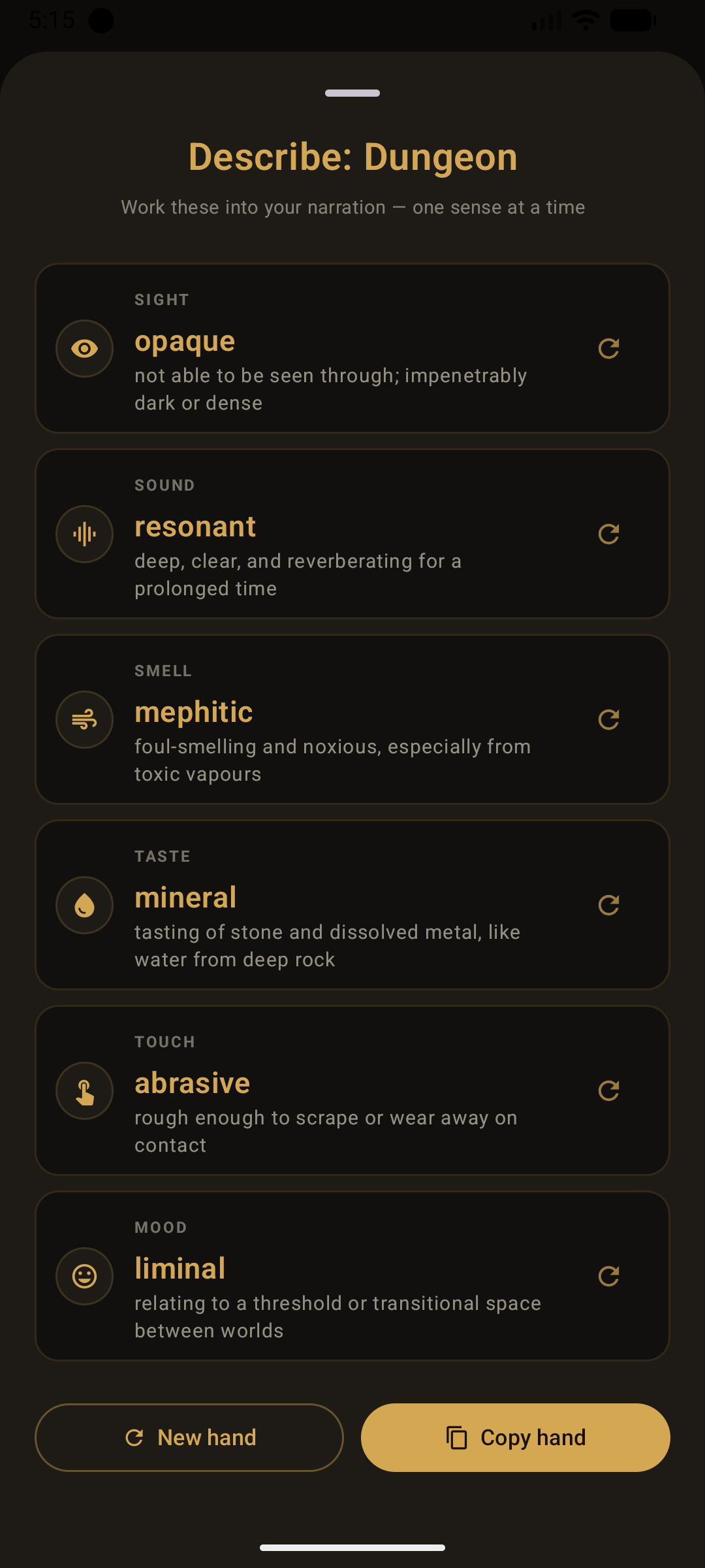 Inspire Me dealing a spread of words